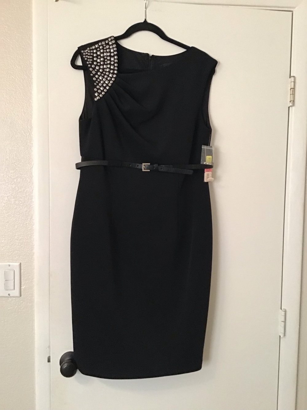 R&M Richards Black Sheath Dress with Jeweled Shoulder